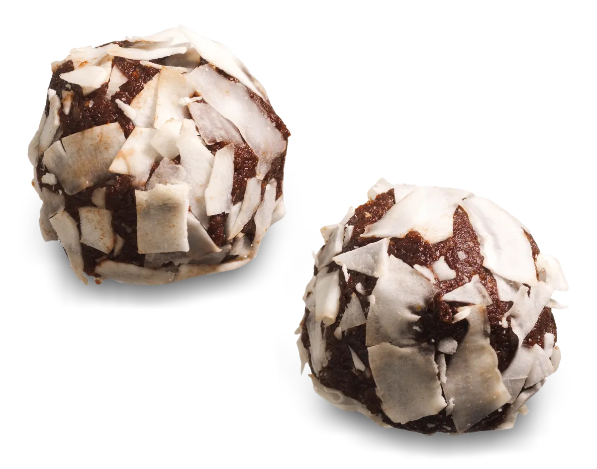 Date Rum Balls large coconut flakes close-up